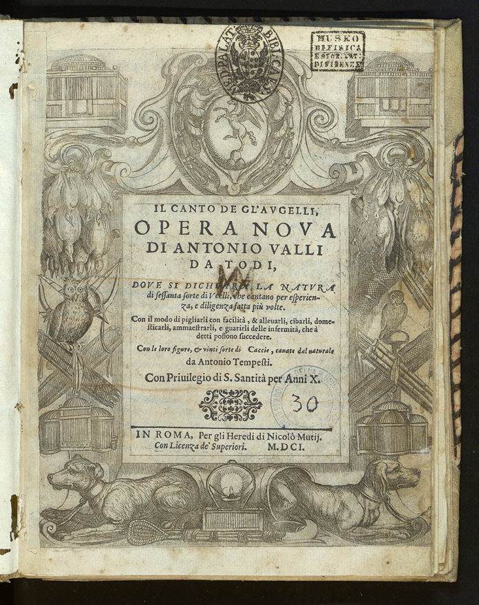 Il frontespizio del primo libro in assoluto di Ornitologia.